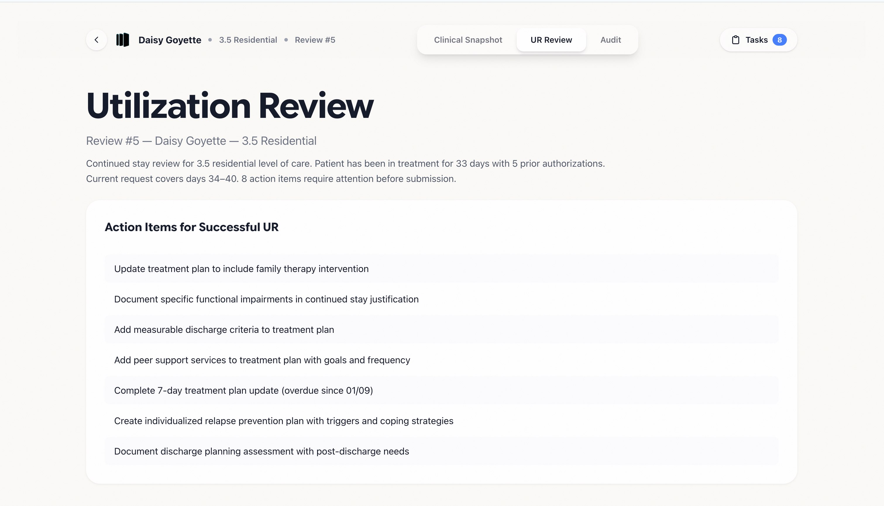 Reclaim Clinical Snapshot — chart audit, treatment overview, and barriers to discharge