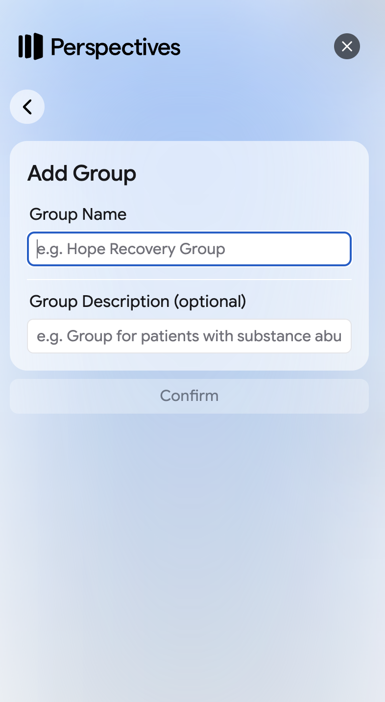The Add Group screen showing fields for a group name, description, and members