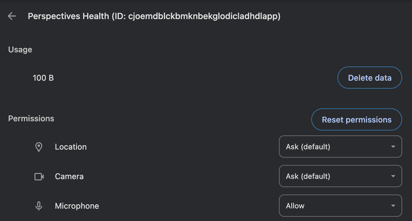 Perspectives Health site permissions in Chrome with Microphone set to Allow