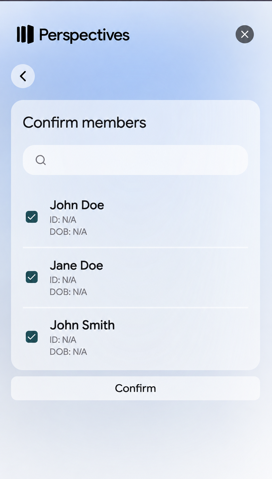 The Confirm members screen with John Doe, Jane Doe, and John Smith selected