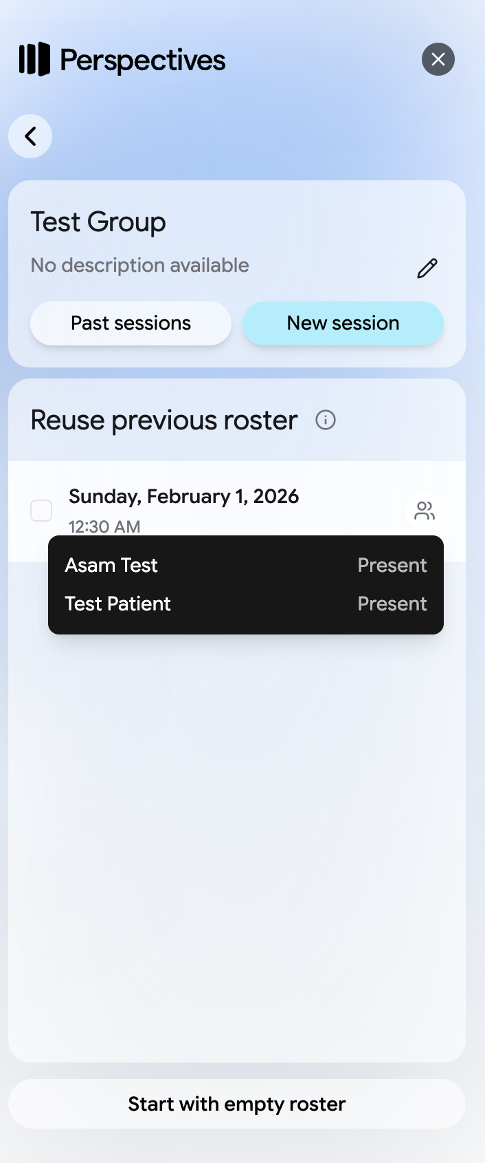 A group page showing the New Group Session button