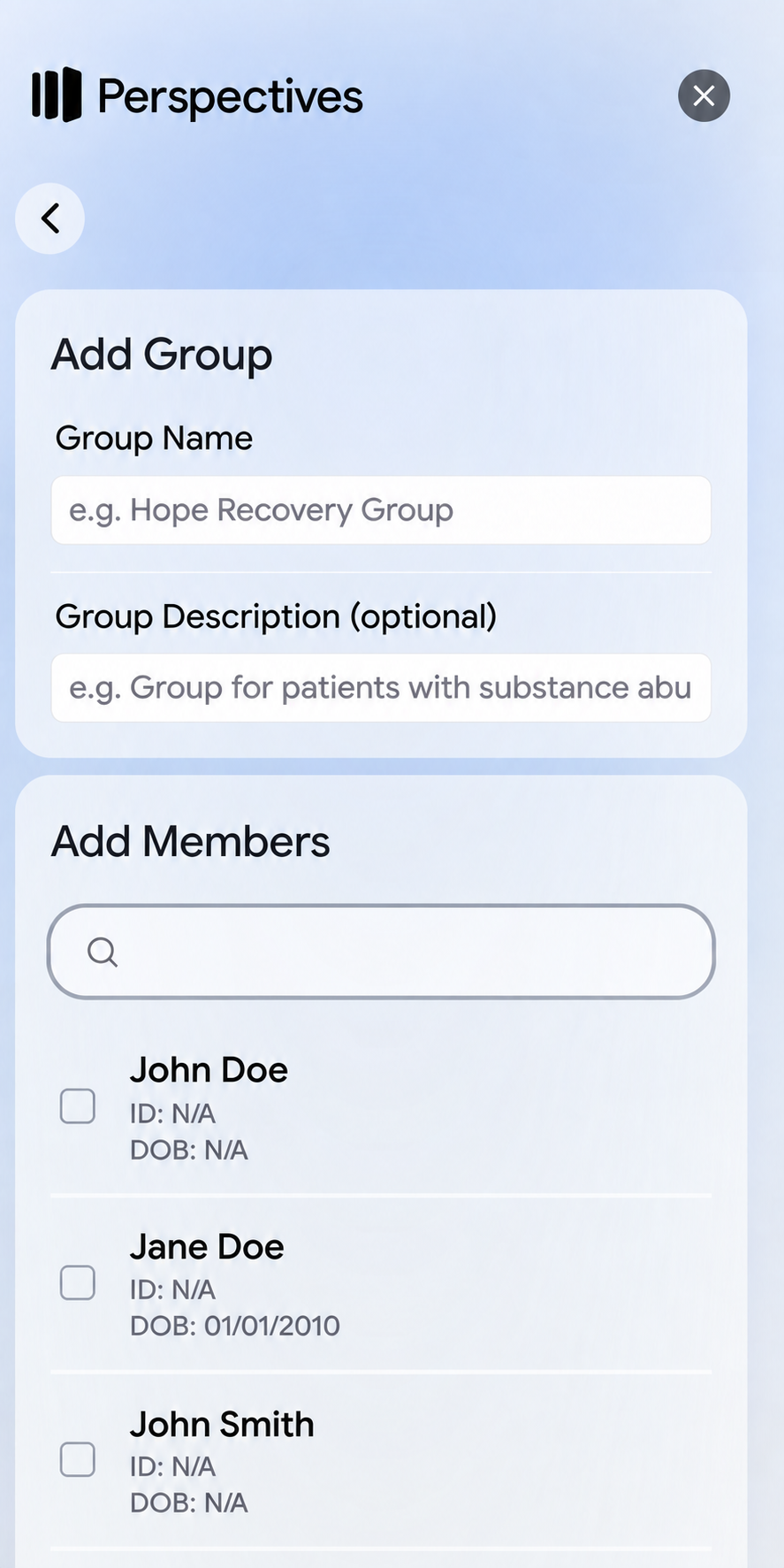 The Add Group screen showing fields for a group name, description, and members