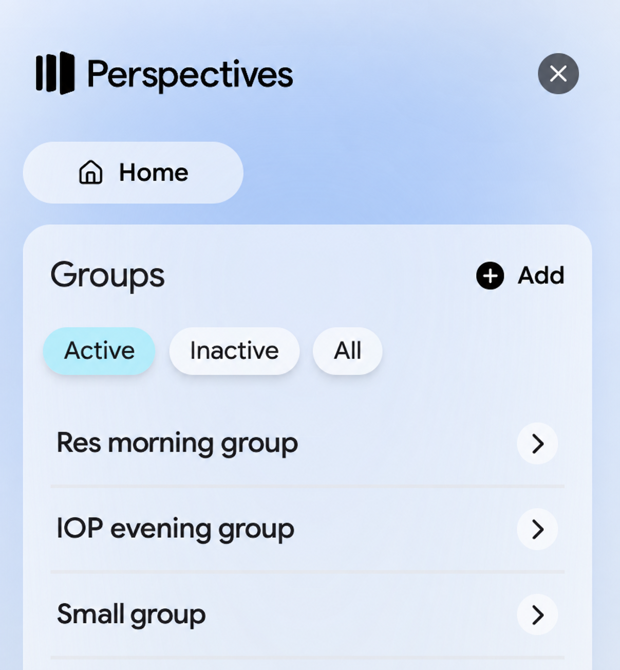 The Groups page showing Res morning group, IOP evening group, and Small group