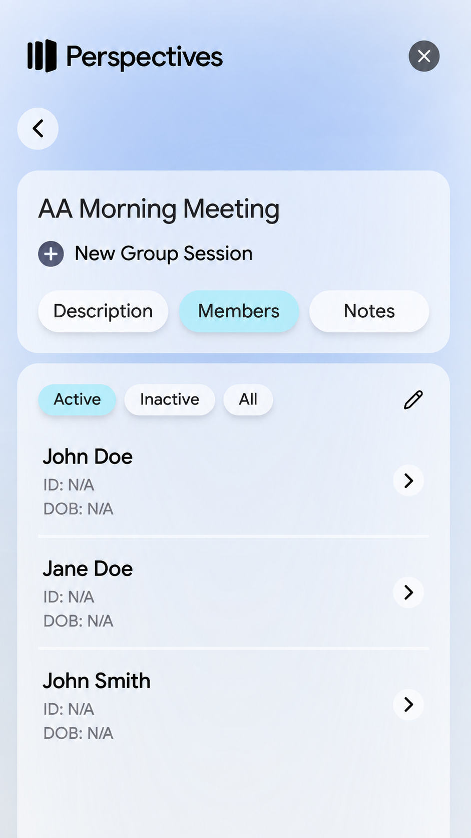 A group page showing the New Group Session button