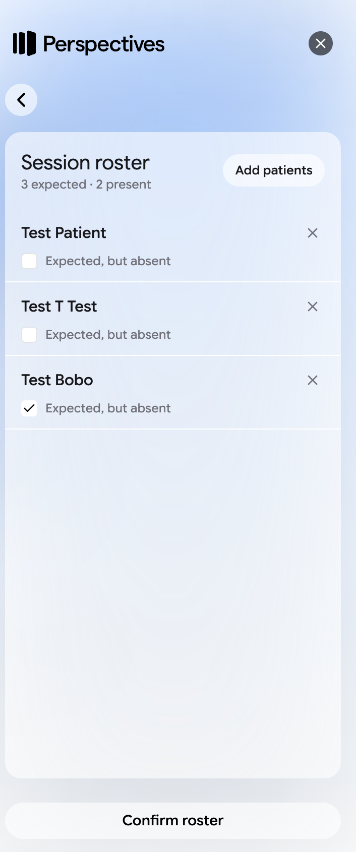 The Confirm members screen with John Doe, Jane Doe, and John Smith selected