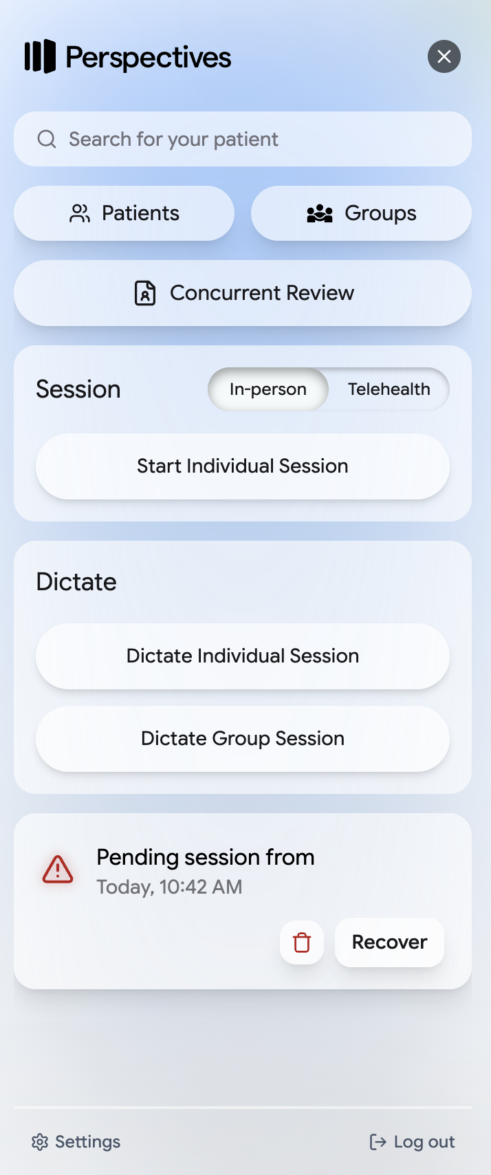 The Perspectives home page showing a pending session with a Recover button