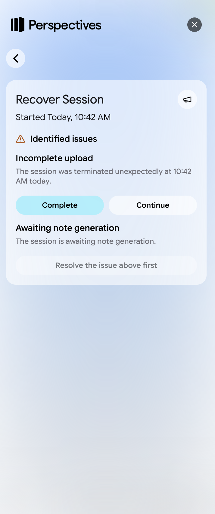 The Recover Session screen with Complete and Continue options for an incomplete upload